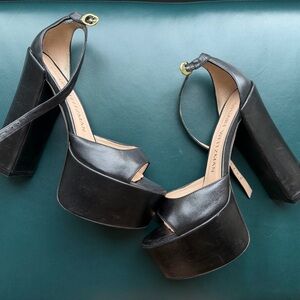 Stuart Weitzman Black Leather Platform Ankle-Strap Block Heels